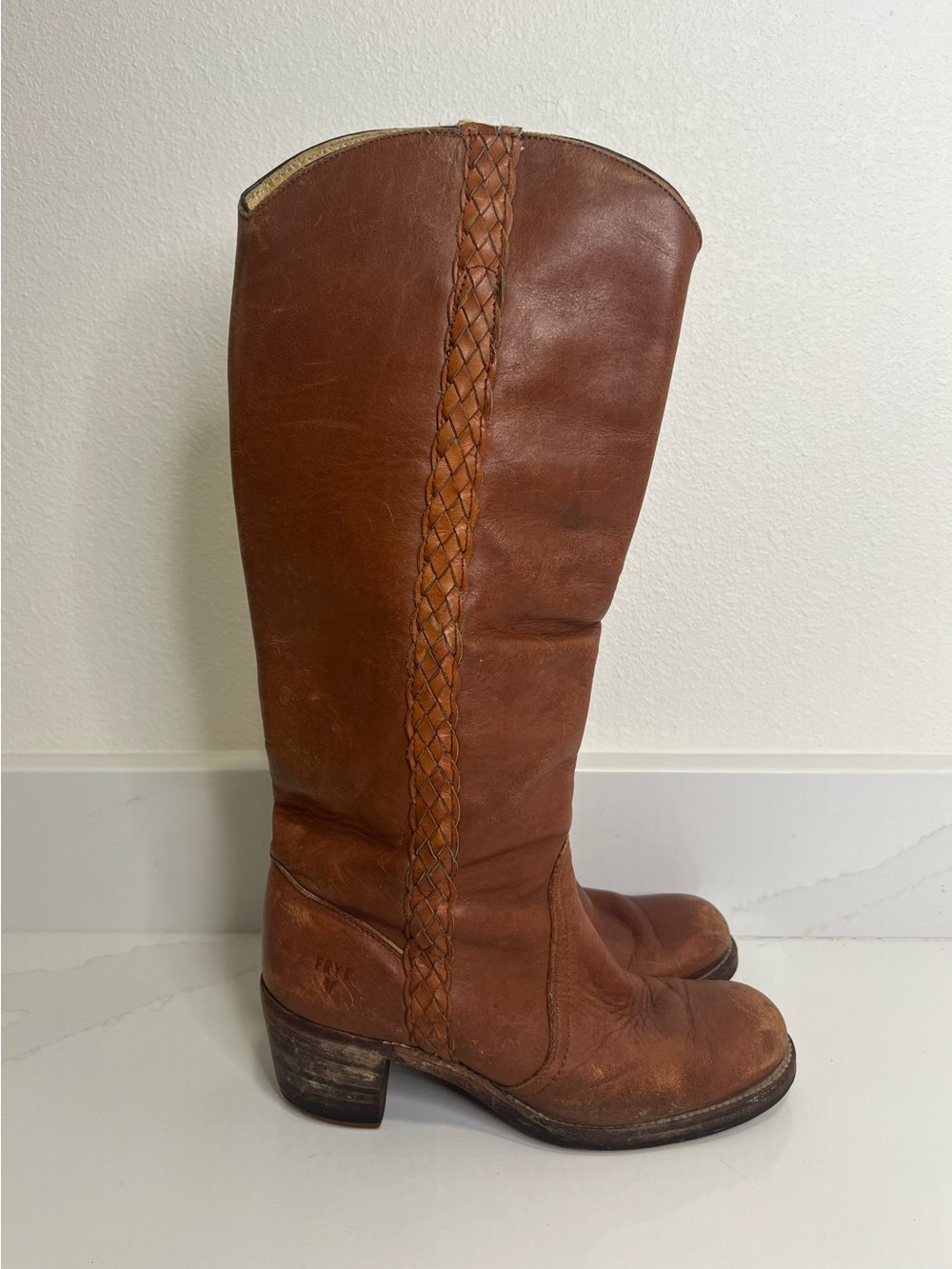 Vintage Frye Brown Leather Braided Tall Boots size 7.5